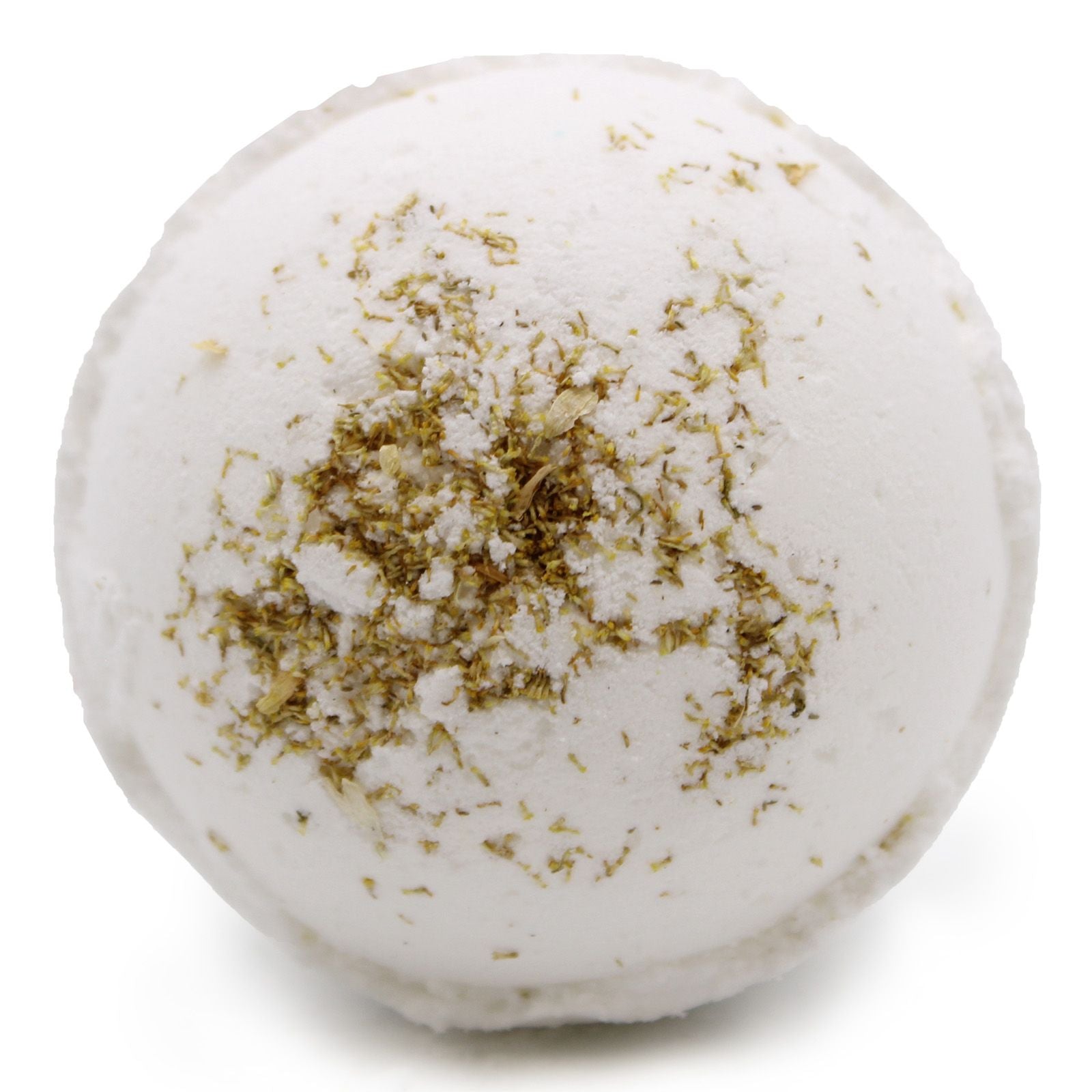 White bath bomb with gold flecks on a white background