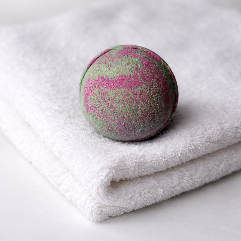 Bath bomb with pink and green speckles on a white towel